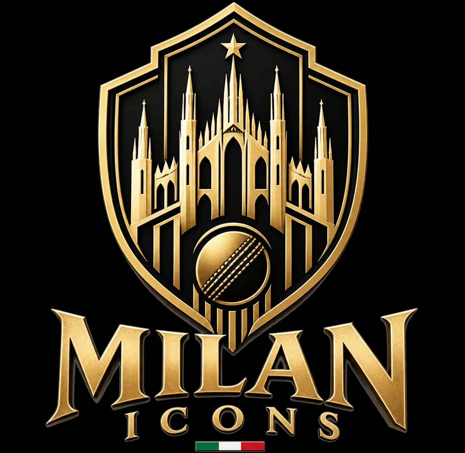 Milan Icons crest: a gold Duomo di Milano crowned by a star, a cricket ball at its foot, on a black shield above the Milan Icons wordmark and a tricolore bar